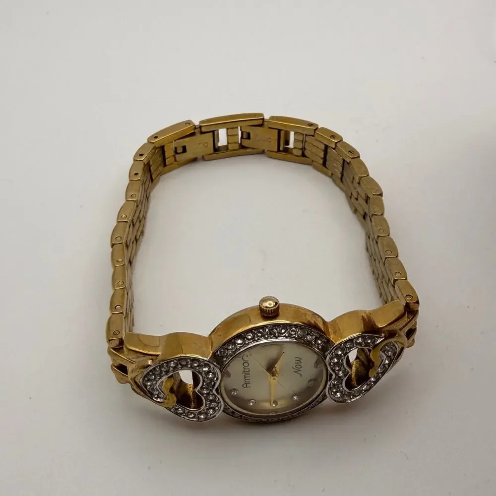 Charming Armitron Now Women's Gold-Tone Rhinestone Heart Watch New Battery